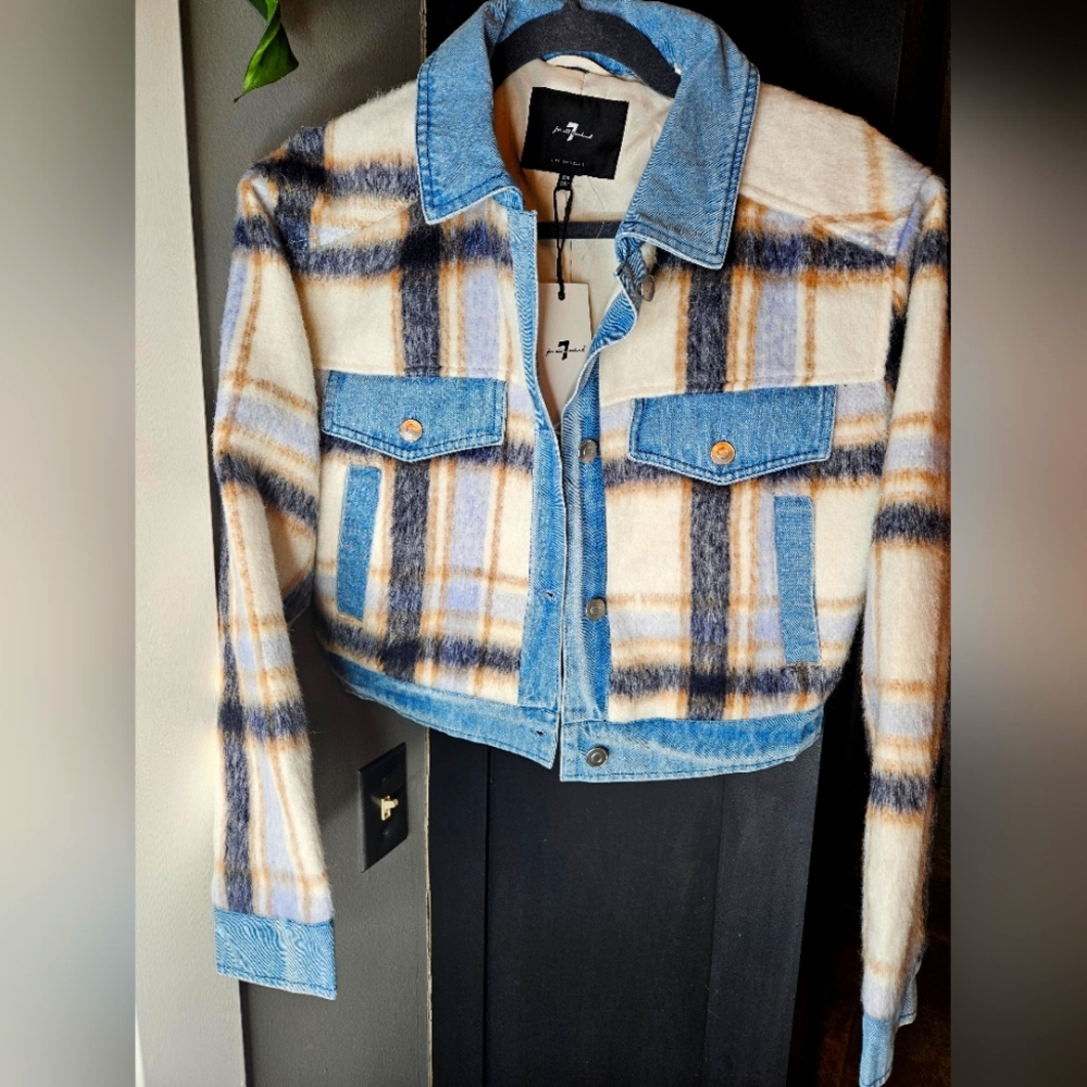 NWT 7 all for mankind plaid mix media jean jacket womens size XS